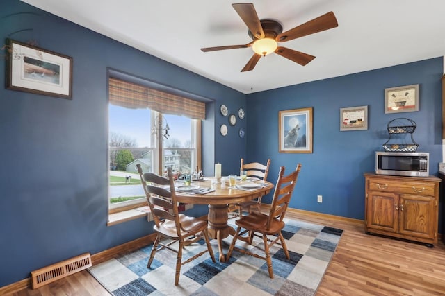 dining area with light wood-style flooring, visible vents, a ceiling fan, and baseboards