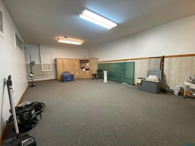 misc room featuring baseboard heating and carpet flooring
