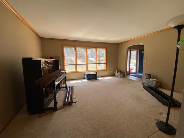 interior space featuring carpet floors, ornamental molding, and arched walkways