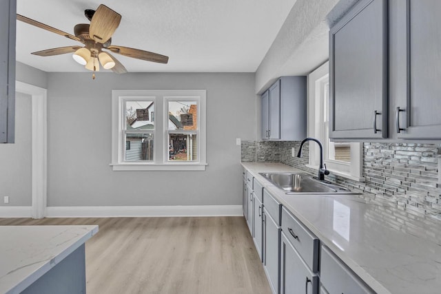 6824 W Hayes Ave, West Allis, WI 53219 - kitchen featuring light wood-style flooring, a sink, tasteful backsplash, ceiling fan, and gray cabinets