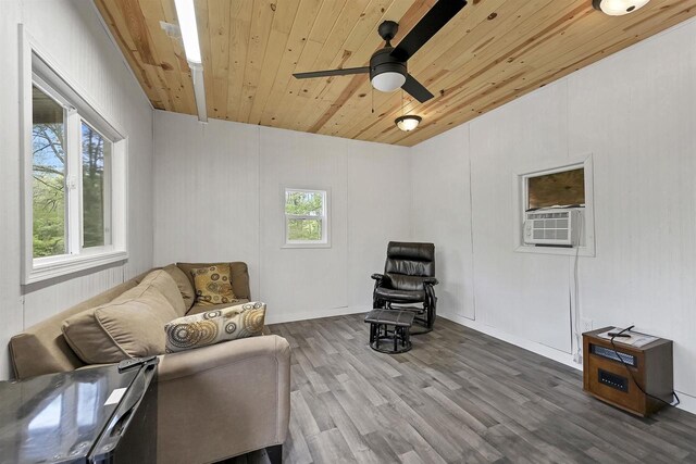 W13670 Brooks Ln, Crivitz, WI 54114 - living area with cooling unit, wooden ceiling, wood finished floors, and ceiling fan