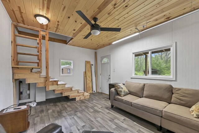 W13670 Brooks Ln, Crivitz, WI 54114 - living area featuring wood ceiling, a ceiling fan, wood finished floors, and stairway