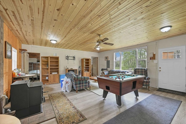 W13670 Brooks Ln, Crivitz, WI 54114 - recreation room featuring light wood-style floors, billiards, wooden ceiling, and ceiling fan