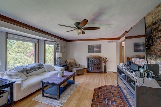 504 Lake St, Mount Horeb, WI 53572 - living room with a ceiling fan, light wood-style flooring, and ornamental molding
