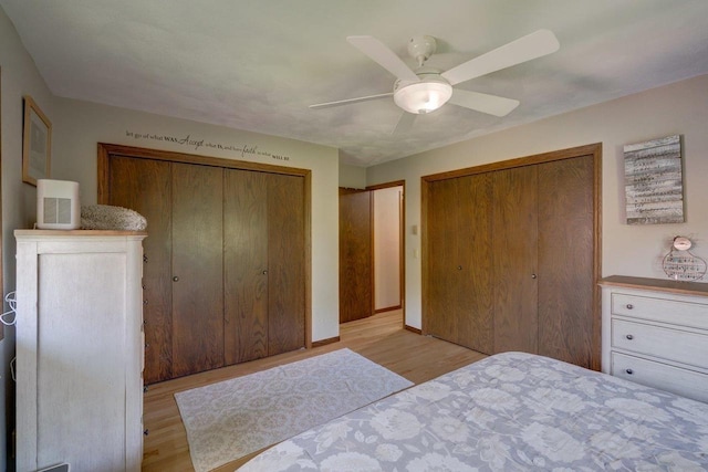 504 Lake St, Mount Horeb, WI 53572 - bedroom featuring wood finished floors, two closets, a ceiling fan, and baseboards