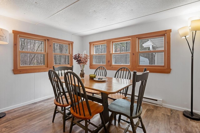 N4823 Peppler Ln, Wild Rose, WI 54984 - dining area featuring a textured ceiling, a decorative wall, baseboard heating, baseboards, and wood finished floors