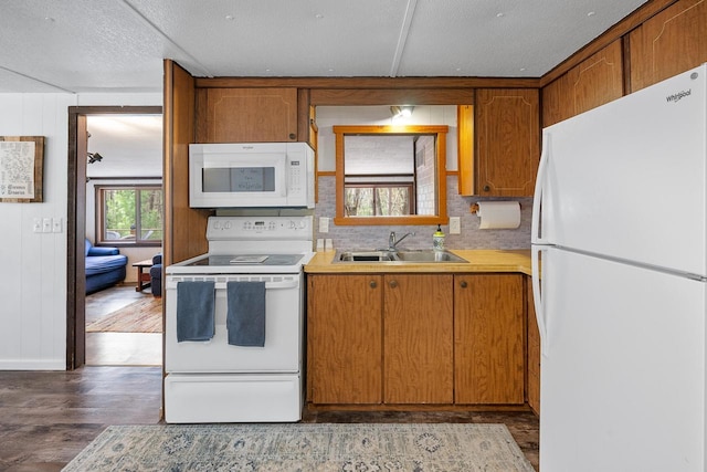 N4823 Peppler Ln, Wild Rose, WI 54984 - kitchen with light wood finished floors, a sink, brown cabinetry, and white appliances