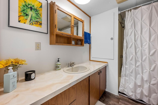 N4823 Peppler Ln, Wild Rose, WI 54984 - full bath with wood finished floors, curtained shower, and vanity