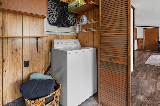 N4823 Peppler Ln, Wild Rose, WI 54984 - washroom featuring dark wood-style floors, washer / dryer, wooden walls, and laundry area