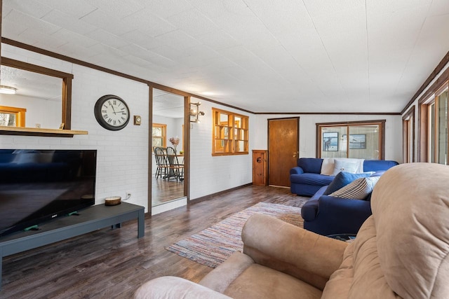 N4823 Peppler Ln, Wild Rose, WI 54984 - living room with a fireplace, wood finished floors, crown molding, and baseboards