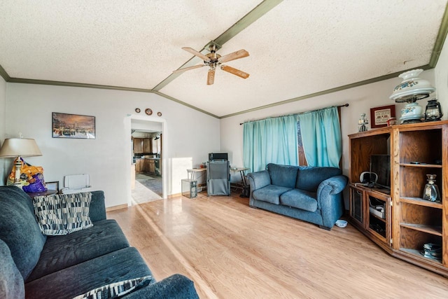 607 Jefferson Ave, Omro, WI 54963 - living room featuring vaulted ceiling, wood finished floors, a textured ceiling, and ceiling fan