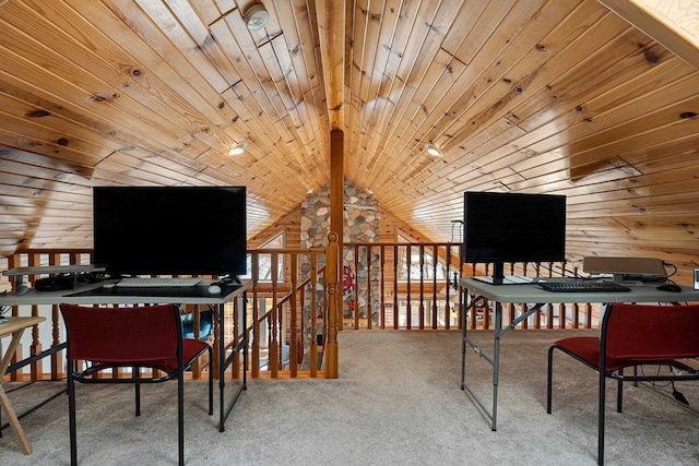 office area with wooden walls, wooden ceiling, vaulted ceiling, and carpet flooring