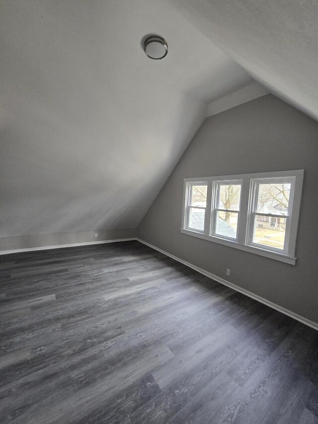 additional living space with lofted ceiling, baseboards, and dark wood-type flooring