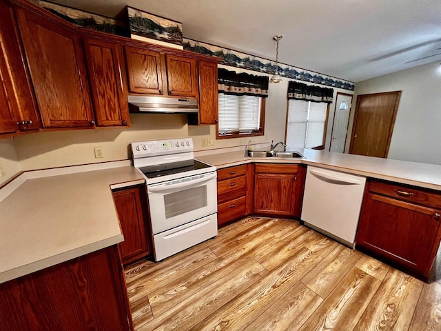 489 Sir Winston Trl, Nekoosa, WI 54457 - kitchen featuring white appliances, a sink, light wood-style flooring, under cabinet range hood, and light countertops