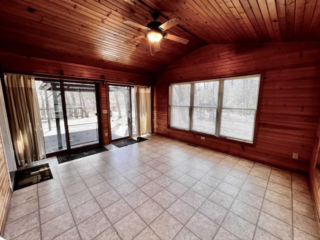 489 Sir Winston Trl, Nekoosa, WI 54457 - unfurnished room featuring wooden walls, ceiling fan, vaulted ceiling, and wooden ceiling