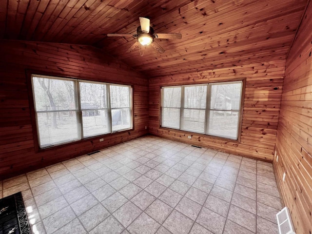 489 Sir Winston Trl, Nekoosa, WI 54457 - empty room featuring wood walls, vaulted ceiling, ceiling fan, wooden ceiling, and light floors