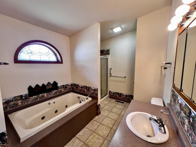 489 Sir Winston Trl, Nekoosa, WI 54457 - full bath featuring a shower stall, a whirlpool tub, vanity, and tile patterned flooring