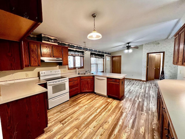 489 Sir Winston Trl, Nekoosa, WI 54457 - kitchen featuring white appliances, under cabinet range hood, vaulted ceiling, light wood finished floors, and a sink