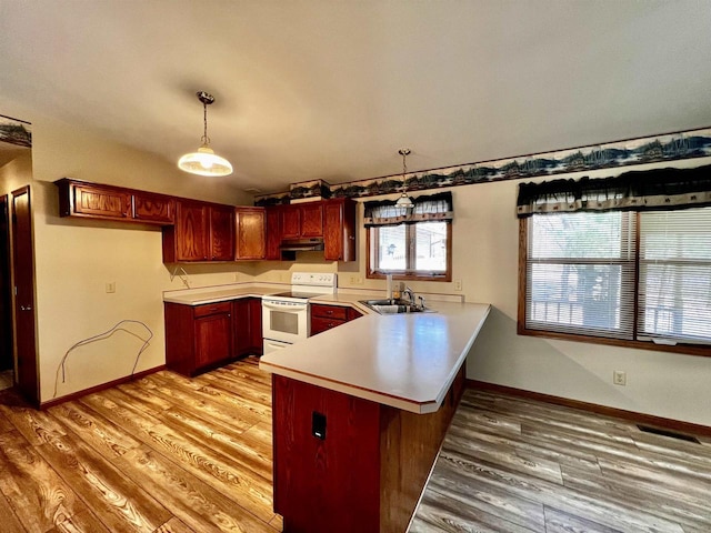 489 Sir Winston Trl, Nekoosa, WI 54457 - kitchen featuring white range with electric cooktop, a peninsula, a sink, under cabinet range hood, and light wood-type flooring