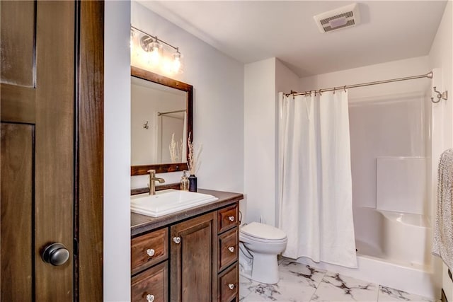 6468 Aspen Ridge Dr, Eau Claire, WI 54703 - bathroom with curtained shower, visible vents, marble finish floor, and toilet
