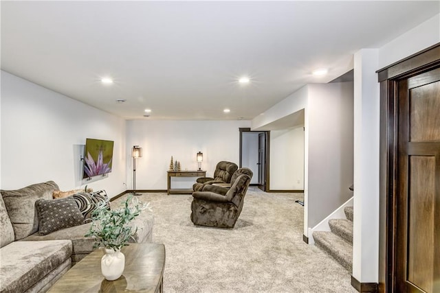 6468 Aspen Ridge Dr, Eau Claire, WI 54703 - living area featuring stairway, baseboards, light carpet, and recessed lighting