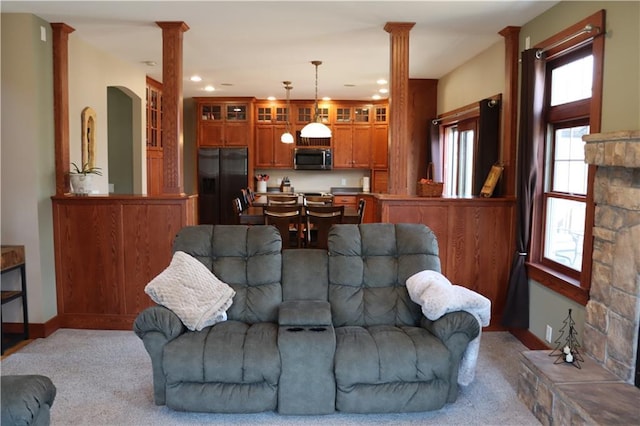 925 Bluff View Cir, Chippewa Falls, WI 54729 - living area featuring baseboards, carpet, ornate columns, and recessed lighting