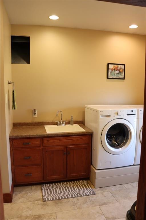 925 Bluff View Cir, Chippewa Falls, WI 54729 - laundry area with recessed lighting, a sink, cabinet space, and washer / dryer