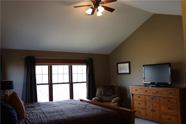 925 Bluff View Cir, Chippewa Falls, WI 54729 - bedroom featuring ceiling fan, vaulted ceiling, light colored carpet, and multiple windows
