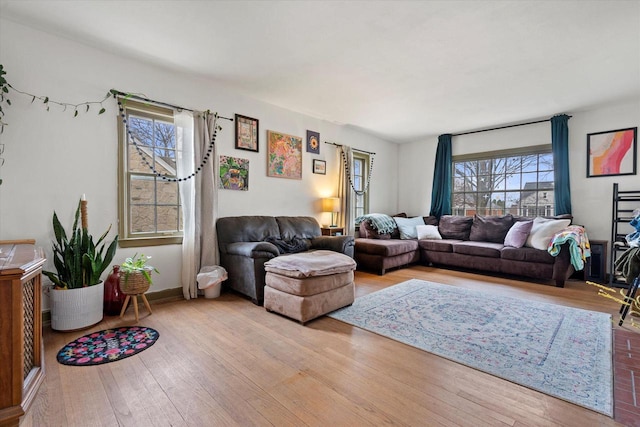 living room featuring wood-type flooring, baseboards, and a healthy amount of sunlight