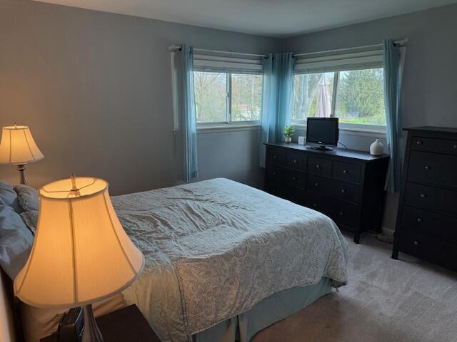 bedroom featuring light carpet