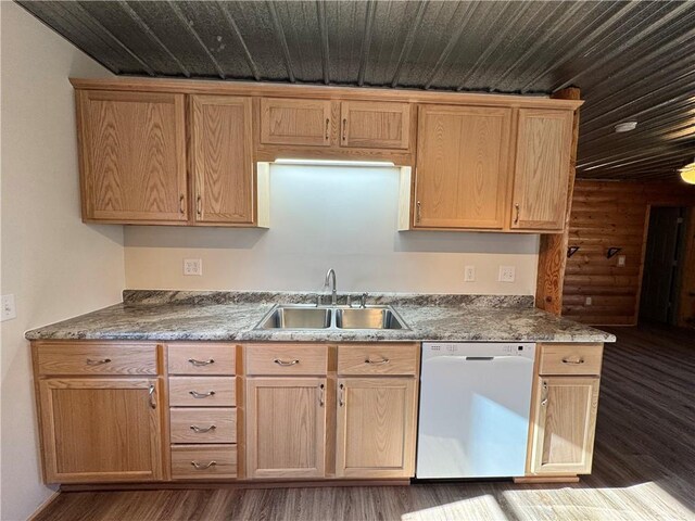 4607N Koeppler Rd, Ojibwa, WI 54862 - kitchen featuring dishwasher, a sink, dark wood-style flooring, wooden ceiling, and light brown cabinets