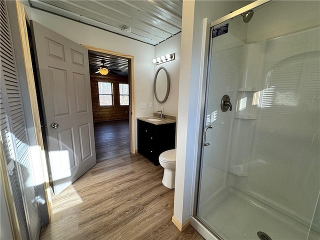 4607N Koeppler Rd, Ojibwa, WI 54862 - bathroom featuring wood finished floors, vanity, a shower stall, and toilet