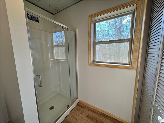 4607N Koeppler Rd, Ojibwa, WI 54862 - full bathroom featuring a stall shower, plenty of natural light, wood finished floors, and baseboards