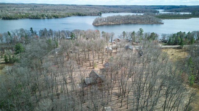 aerial view featuring a water view and a forest view
