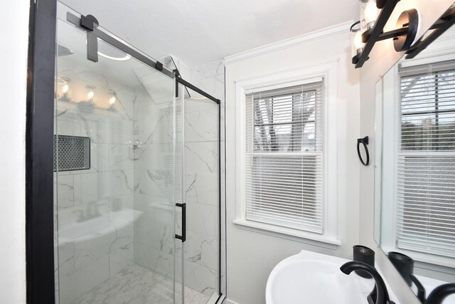 6216 N Santa Monica Blvd, Whitefish Bay, WI 53217 - bathroom featuring a wealth of natural light, ornamental molding, and a marble finish shower