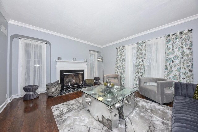 6216 N Santa Monica Blvd, Whitefish Bay, WI 53217 - living area with a fireplace with flush hearth, baseboards, wood finished floors, and ornamental molding
