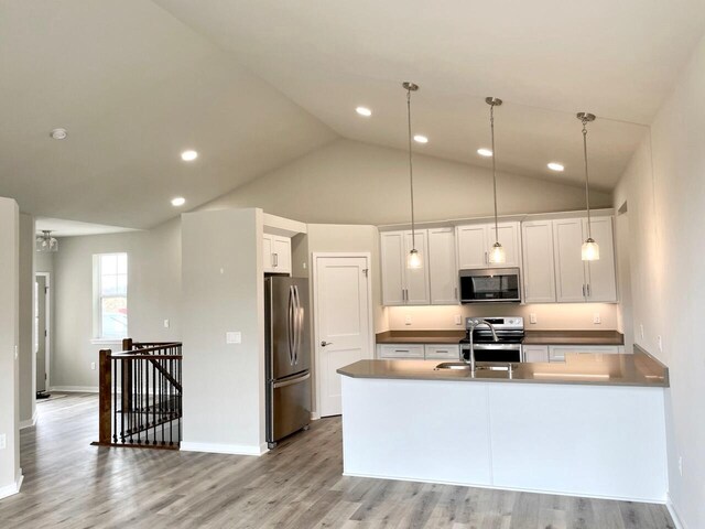 W255S5377 Primrose Ln, Waukesha, WI 53189 - kitchen with light wood finished floors, lofted ceiling, a sink, and appliances with stainless steel finishes