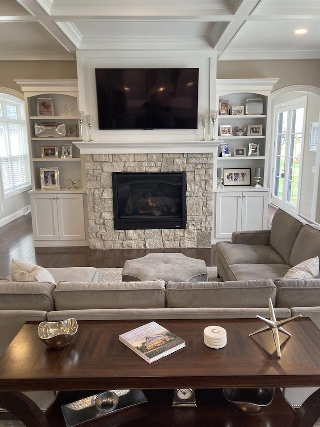 4922 Saint Annes Dr, Waunakee, WI 53597 - living room with ornamental molding, coffered ceiling, and beamed ceiling