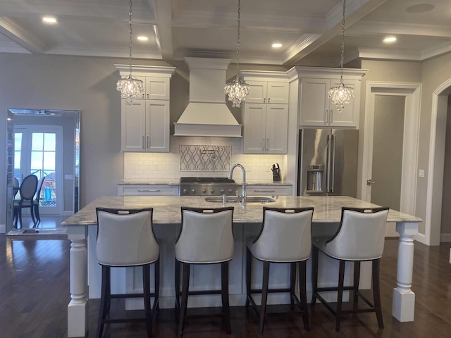 4922 Saint Annes Dr, Waunakee, WI 53597 - kitchen featuring high end fridge, a sink, dark wood-type flooring, and premium range hood