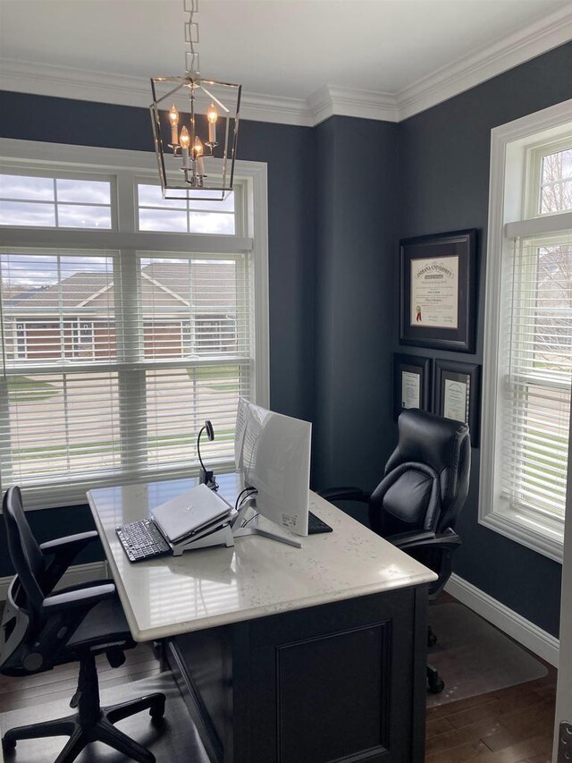 4922 Saint Annes Dr, Waunakee, WI 53597 - office area featuring baseboards, crown molding, wood finished floors, and a notable chandelier