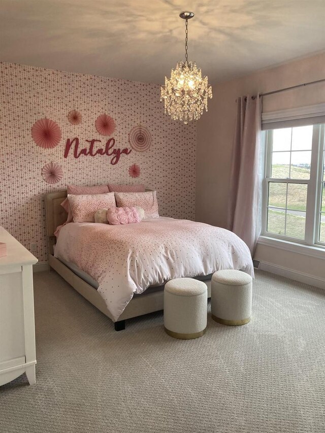 4922 Saint Annes Dr, Waunakee, WI 53597 - carpeted bedroom with baseboards, a chandelier, and wallpapered walls