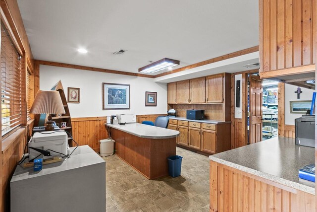 home office with wooden walls, recessed lighting, visible vents, and wainscoting