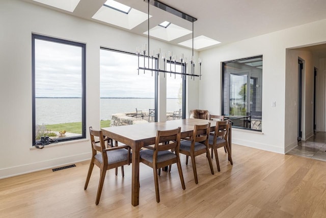 9458 Warner Rd, Winneconne, WI 54986 - dining space with a skylight, light wood-style flooring, and a water view