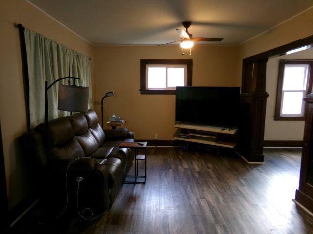 living area featuring wood finished floors, a wealth of natural light, baseboards, and ceiling fan