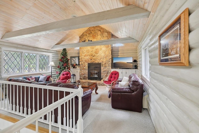 N7589 Lakeside Dr, Portage, WI 53901 - living room with lofted ceiling with beams, log walls, wooden ceiling, and carpet flooring