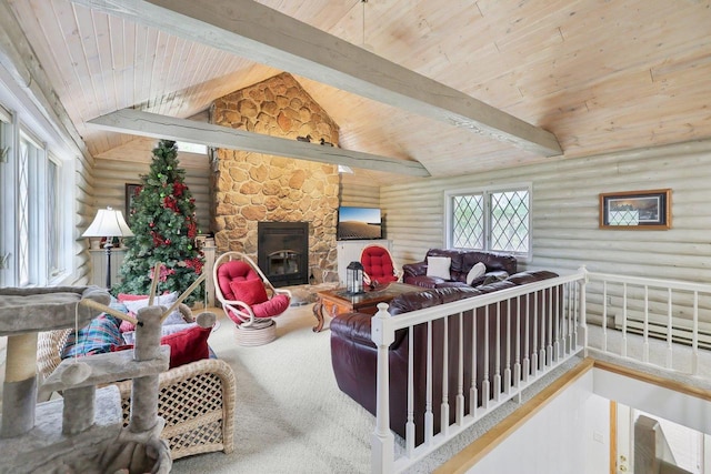 N7589 Lakeside Dr, Portage, WI 53901 - living room featuring carpet floors, log walls, and wood ceiling