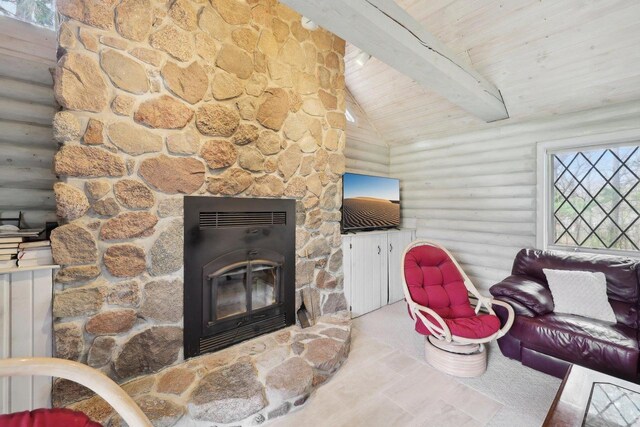 N7589 Lakeside Dr, Portage, WI 53901 - living room featuring wood ceiling, lofted ceiling with beams, and log walls