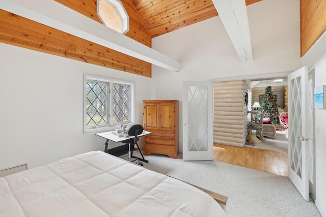 N7589 Lakeside Dr, Portage, WI 53901 - bedroom with high vaulted ceiling, wooden ceiling, and carpet