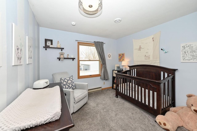 carpeted bedroom with baseboards, a crib, and a baseboard radiator