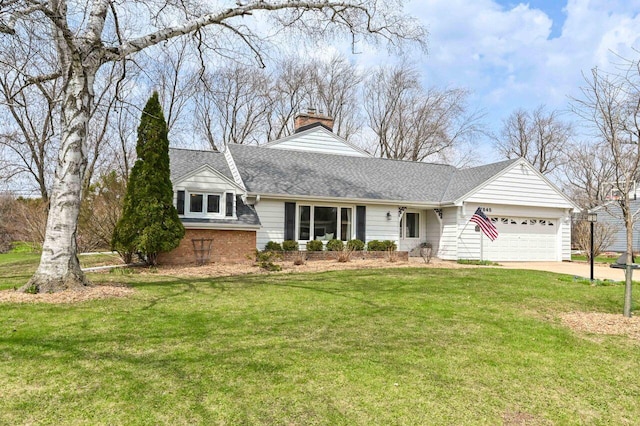 view of front of property with a front lawn, a garage, a chimney, driveway, and roof with shingles